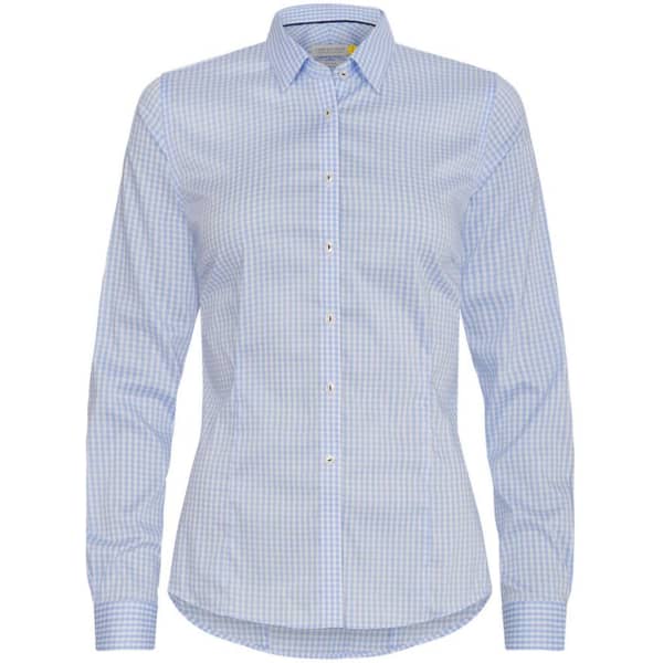 A women's button-up shirt in light blue with a checkered pattern and long sleeves. It features a logo on the chest.