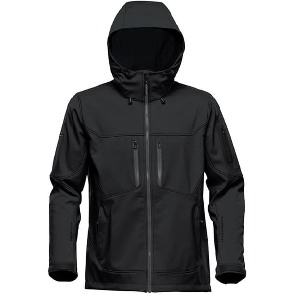 A black softshell jacket with a hood, featuring multiple zippered pockets and a logo on the sleeve.
