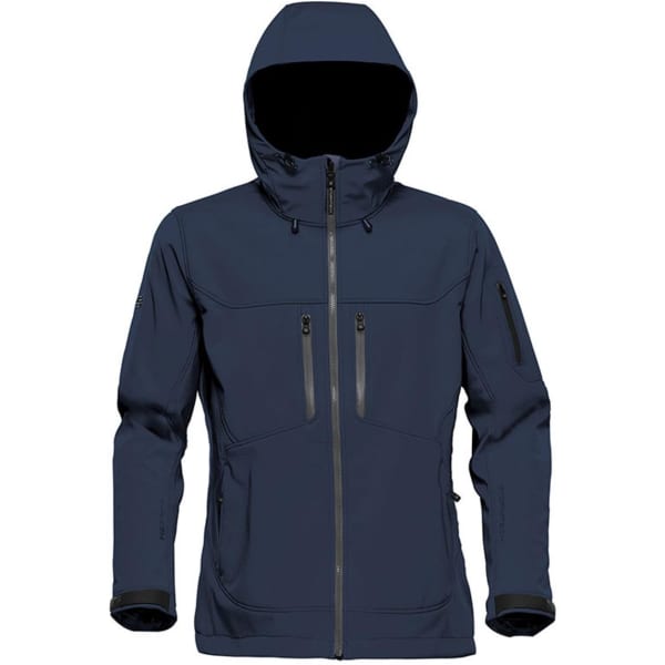 A navy softshell jacket with a hood, featuring multiple zippered pockets and a logo.
