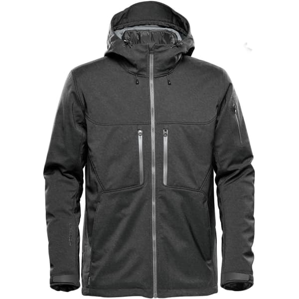 A grey men's jacket with a hood, zippered pockets, and a logo.