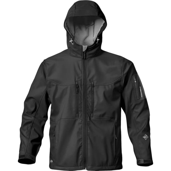 A black Men's Epsilon H2Xtreme Shell jacket with a hood and multiple pockets. It features a logo on the sleeve.