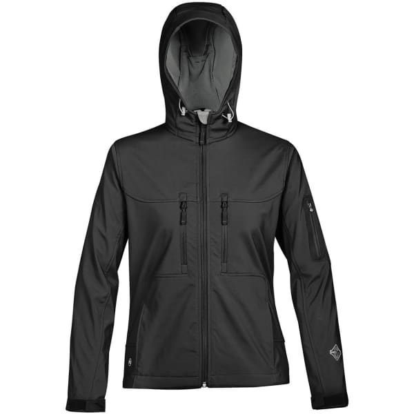 A black women's jacket with a hood and multiple zip pockets, featuring a logo on the sleeve.