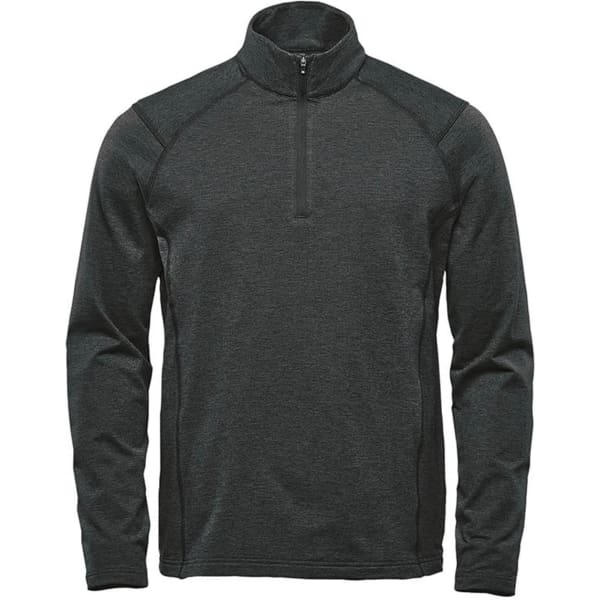 A green men's 1/4 zip pullover jumper with long sleeves and a high collar, featuring a logo on the chest.