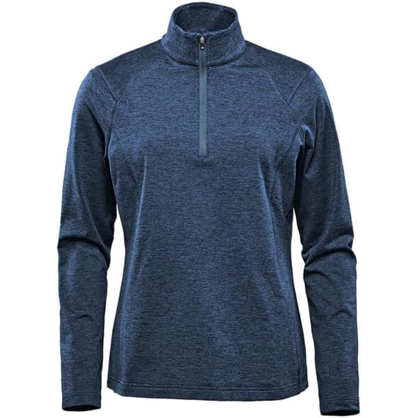 A women's 1/4 zip pullover in a dark blue colour, featuring long sleeves and a collar. It has a logo on the front.