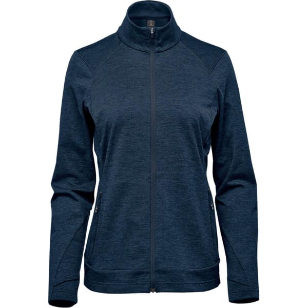 A navy women's performance jacket featuring a full zip and a high collar, with two side pockets and a logo.