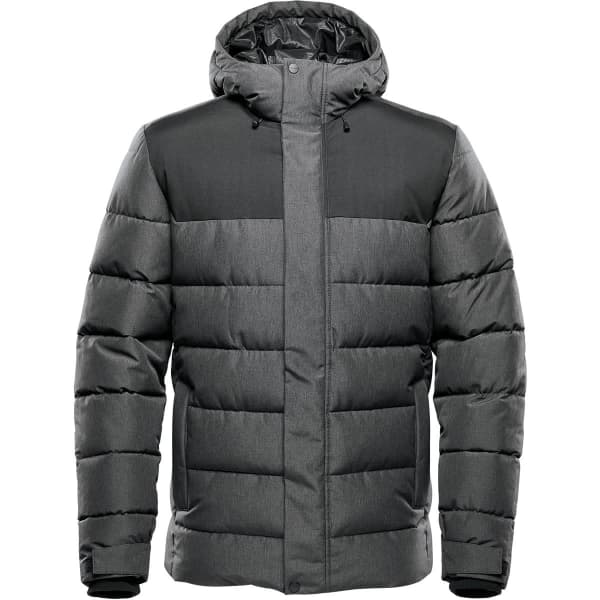A dark grey men's parka jacket with a hood, featuring a quilted design and contrasting shoulder panels.