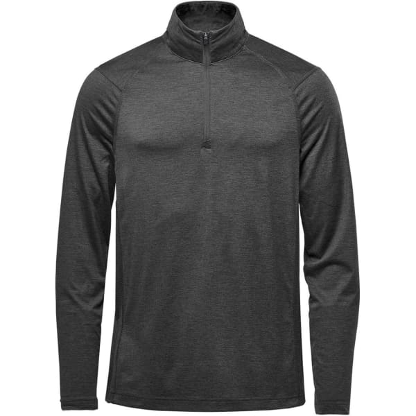 A men's Milano 1/4 zip pullover in dark grey, featuring long sleeves and a standing collar. It includes a logo.