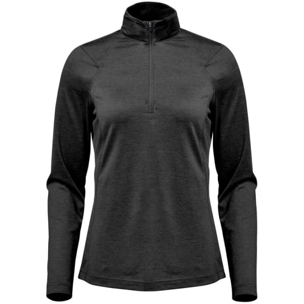 A black women's Milano 1/4 zip pullover with long sleeves and a high collar. It has a logo on the front.