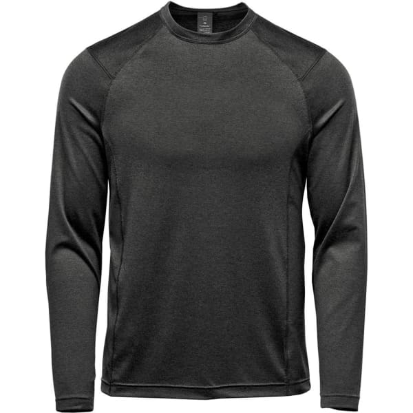 A long-sleeve crew neck shirt in dark grey with a logo on the front.