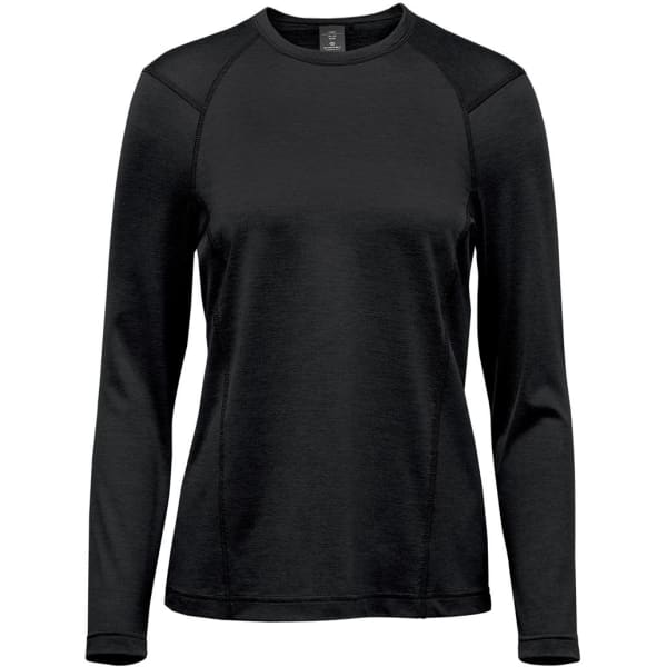 A women's long sleeve crew neck shirt in black with a simple design and a subtle logo.