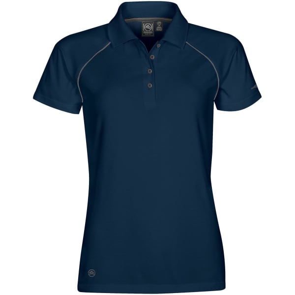 A women's navy polo shirt with a fitted design, featuring a logo and contrasting stitching.