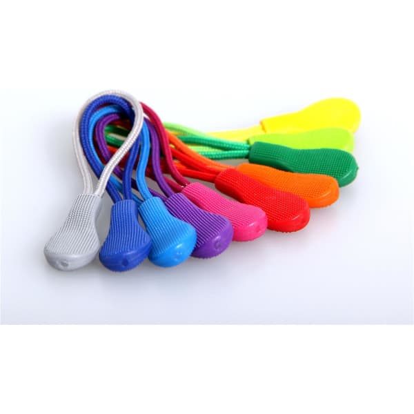 A set of eight zip pullers in various colours: silver, purple, red, orange, yellow, green, pink, and blue.