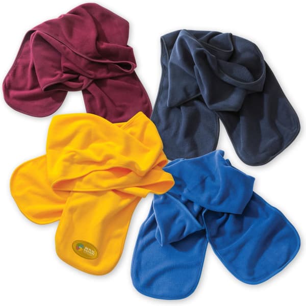 A collection of polar fleece scarves in maroon, navy, yellow, and blue, featuring a logo on one.
