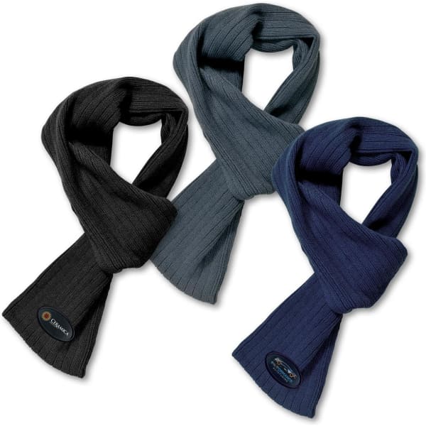 Three cable knit scarves in black, grey, and navy, featuring a logo on each.
