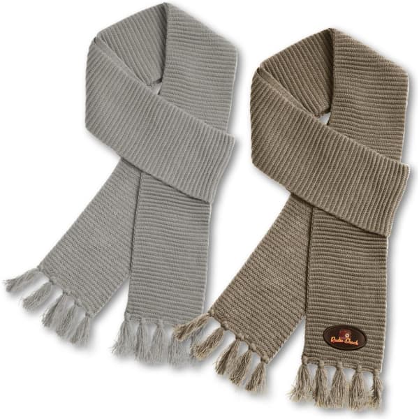 A pair of Ruga Knit Scarves in light grey and olive green, featuring a branded logo and fringed ends.