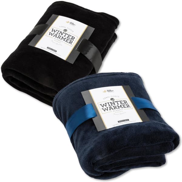 A folded coral fleece blanket in black and navy blue, each with a ribbon and a branding label.
