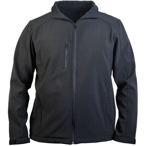 A black softshell jacket featuring a zip closure and zippered chest pocket, with a logo on the chest.