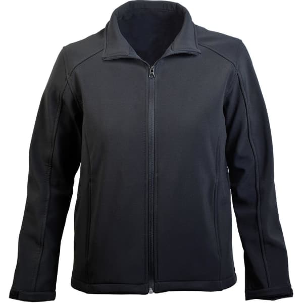 A black softshell women's jacket with a zip front and a collar, featuring a logo on the chest.