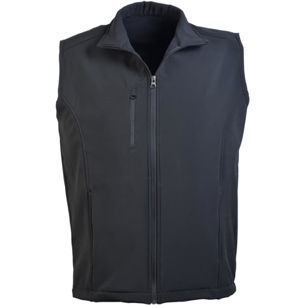 A black Softshell Vest featuring a full zip and a zippered chest pocket, designed for comfort and warmth.
