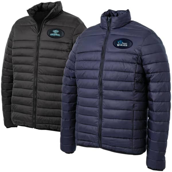A black and navy puffer jacket featuring a logo on the front, designed for warmth and comfort.