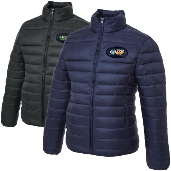 Two puffer jackets displayed, one in dark green and the other in navy blue, both featuring a logo.
