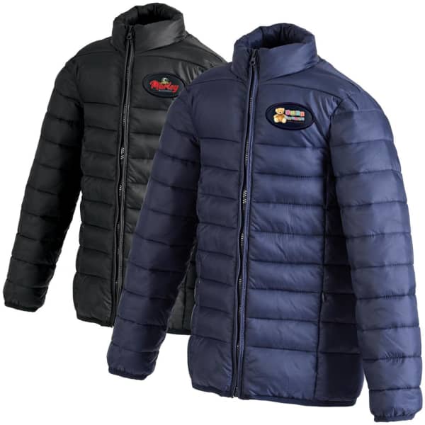 A puffer jacket featuring two colour options: black and navy blue, each with a logo on the chest.