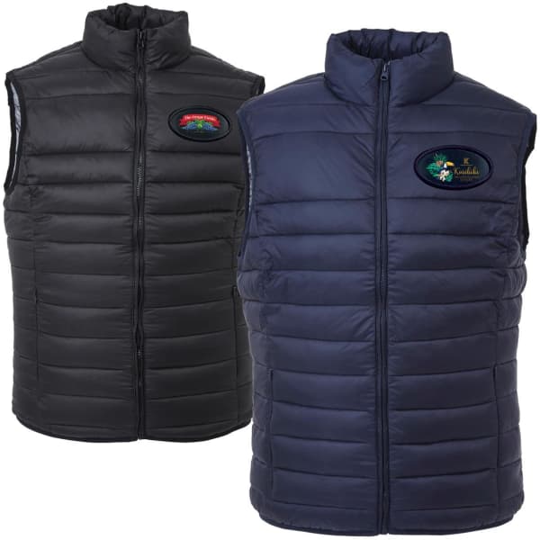 A black and navy puffer vest featuring a logo on the chest, with a zip-up front and quilted design.