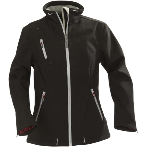 A black women's softshell jacket with multiple zippered pockets and a high collar. Features a logo on the sleeve.