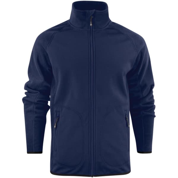 A navy blue men's softshell fleece hybrid jacket with a high collar and zippered front, featuring side pockets and branding.