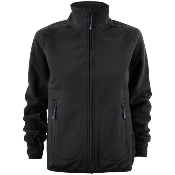 A black softshell fleece hybrid jacket with zippered pockets and a high collar. It features a logo on the front.