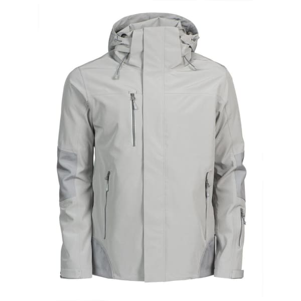 A light grey men's shell jacket with a hood, featuring zippered pockets and a branding logo.