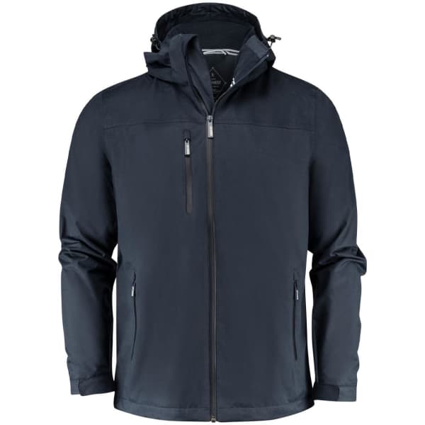 A dark blue rain jacket with a hood, featuring zippered pockets and a logo on the chest.