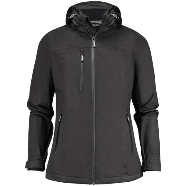 A black women's rain jacket featuring a hood and zippered pockets, with an additional logo on the design.