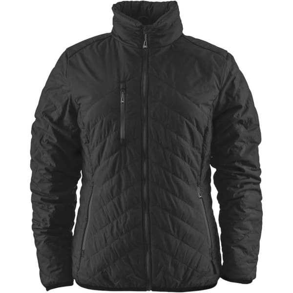 A black quilted women's jacket with a high collar and zippered pockets, featuring a logo.