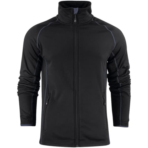 A men's polar fleece jacket in black with contrasting blue stitching and zippered pockets. Features a high collar and full zip.