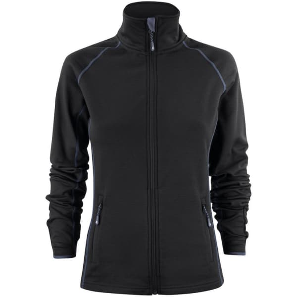 A women's black fleece jacket with a zip front, side pockets, and a high collar, featuring contrast stitching and branding.