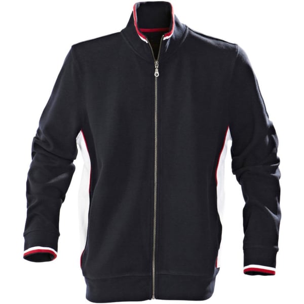 A navy unisex jacket features a zip front, red and white accents, and a stand-up collar. It has a logo on it.