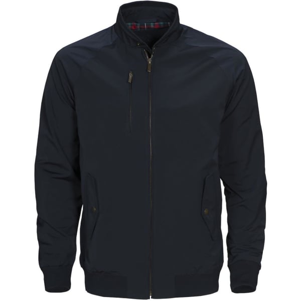 A navy unisex Harrington jacket featuring a zippered front and side pockets, with a branded logo.