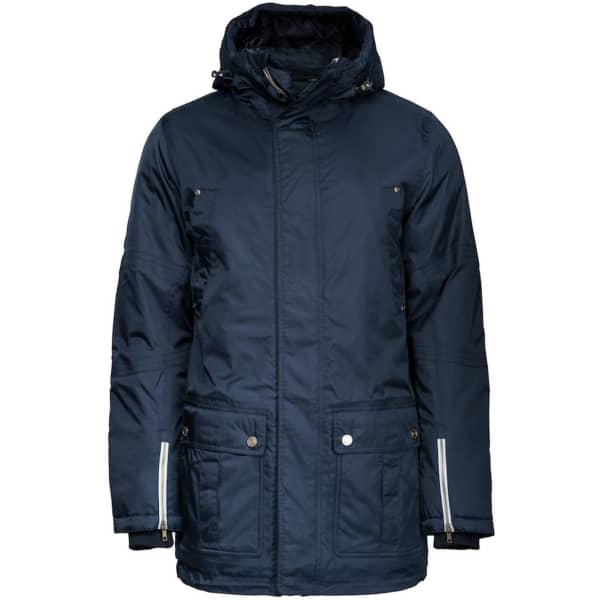 A navy blue unisex parka jacket with a hood, featuring multiple pockets and a logo.