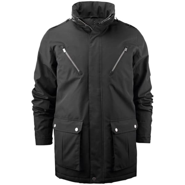 A black men's business coat featuring zippered pockets and a high collar, complete with an emblem.