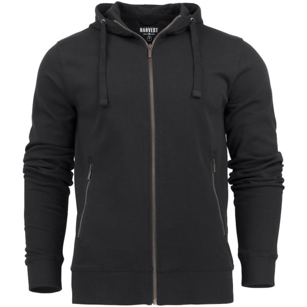A black zip-up men's hoodie featuring a hood and side pockets, with a logo on the inside neck.