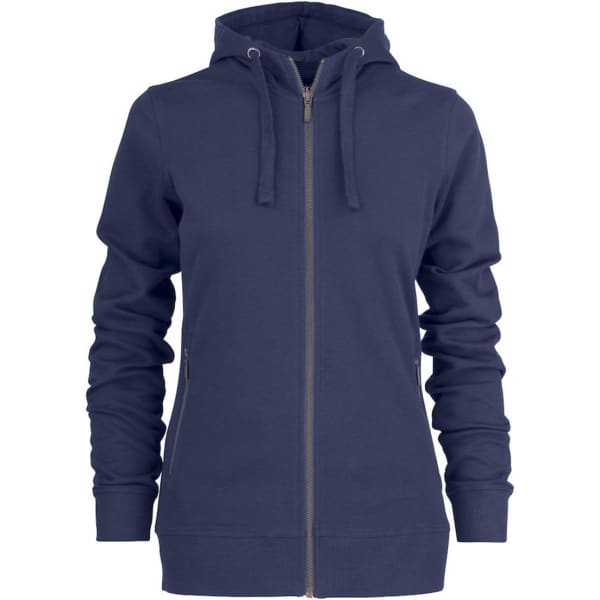 A navy women's hoody featuring a zip front, kangaroo pockets, and a hood. It has a logo on it.