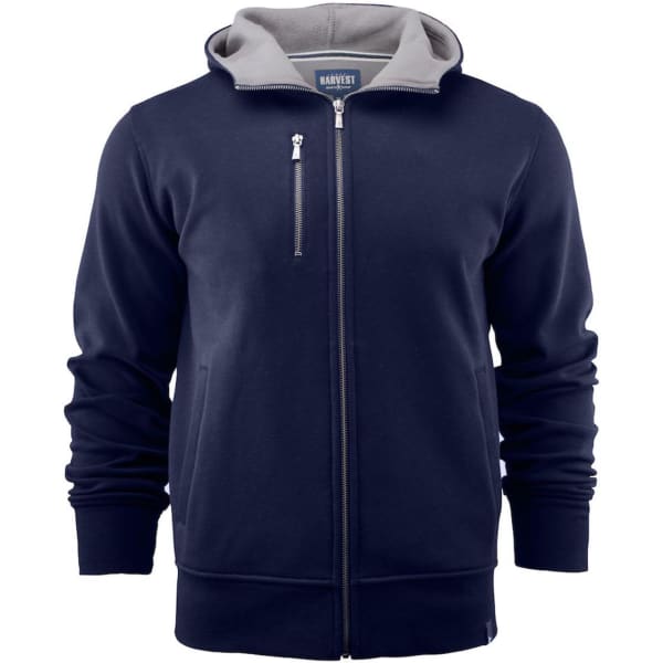 A navy blue men's hoody featuring a grey-lined hood, front zip, and a logo on the chest.