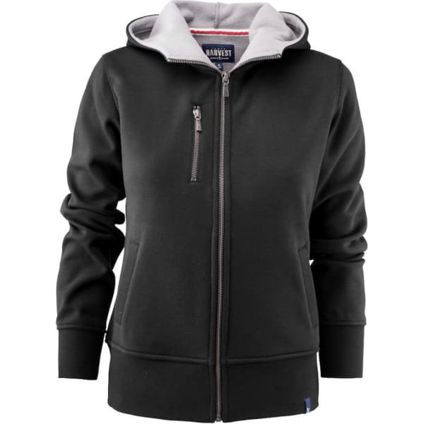 A black women's hoodie featuring a zip closure and grey lining, with pockets and a logo.