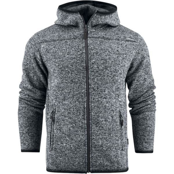 A grey fleece hoody with a full zip and hood, featuring pockets and a branding logo.