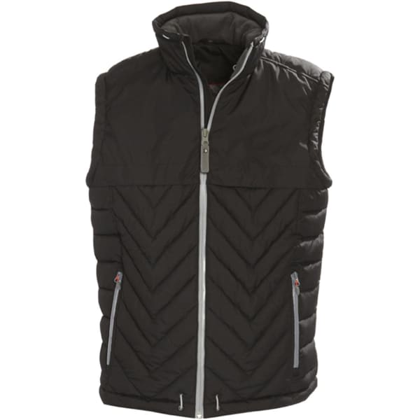 A black unisex vest features a quilted design with a high collar and zippered front pockets.