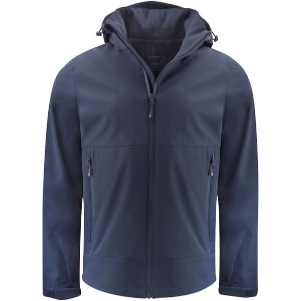 A men's softshell jacket in navy, featuring a hood and zippered pockets, with branding on the garment.