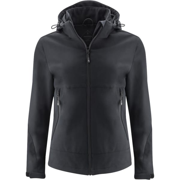A women's softshell jacket in black with a hood, featuring zip pockets and a sleek design.