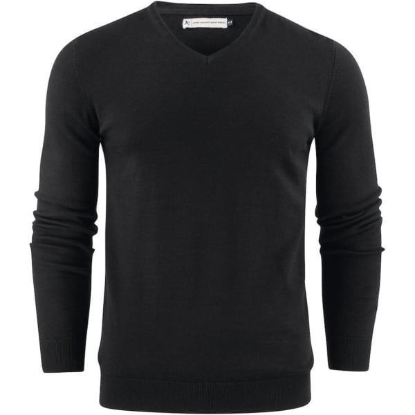 A black men's v-neck sweater with long sleeves, featuring a logo on the label.