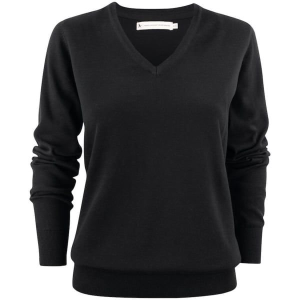 A black women's V-neck sweater with long sleeves and ribbed cuffs, featuring a small logo.